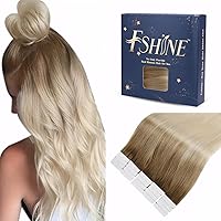 Fshine Tape in Hair Extensions 16 Inch Balayage Walnut Brown to Ash Brown and Bleach Blonde Hair Extensions 20pcs Long Straight Hair Tape in Extensions Skin Weft 50g Tape in Extensions