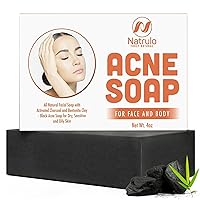 Natrulo Acne Soap Cleansing Bar for Face & Body – Black Activated Charcoal Soap with Bentonite Clay for Dry, Sensitive & Oily Skin – Black Acne Facial Cleanser for Pimples & Scars Made in USA