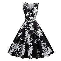 Women's Vintage Floral Flared A-Line Swing Casual Party Dresses Sleeveless Rockabilly Pinup Audrey Hepburn Dress