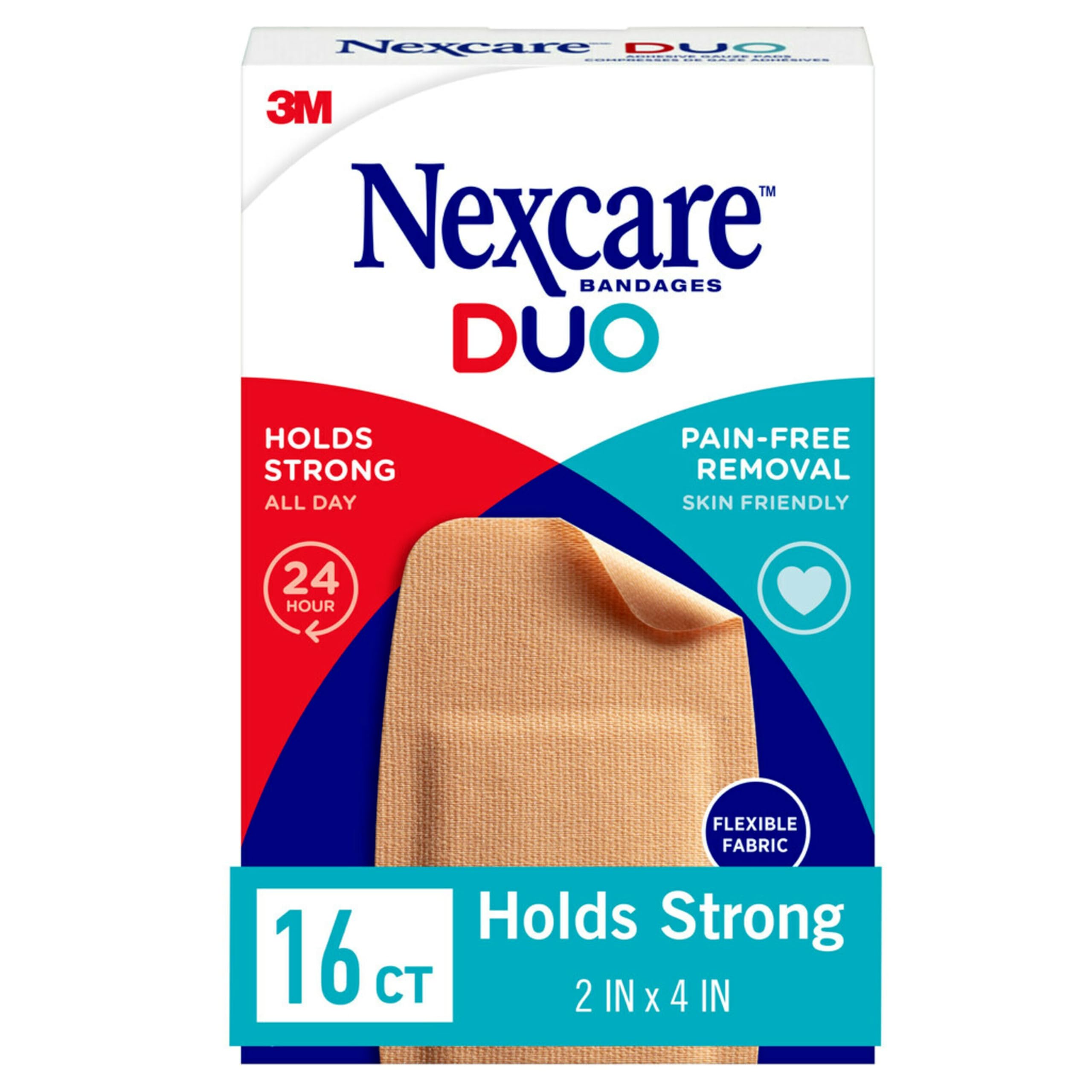 Nexcare Duo Bandages, Painless Removal, Strong Adhesive Bandages Stay on for 24 Hours, Flexible Fabric Construction - 16 Pack Adhesive Bandages