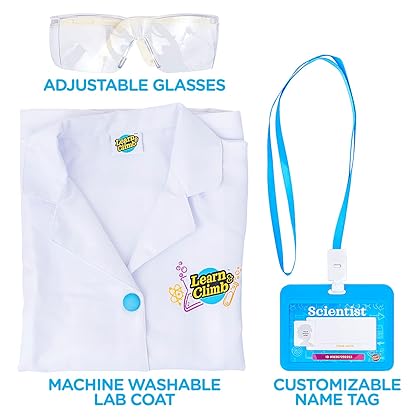 Learn & Climb Scientist Lab Coat for Kids Ages 3-7. Three Piece Set Children's Scientist Costume with Goggles & ID Card