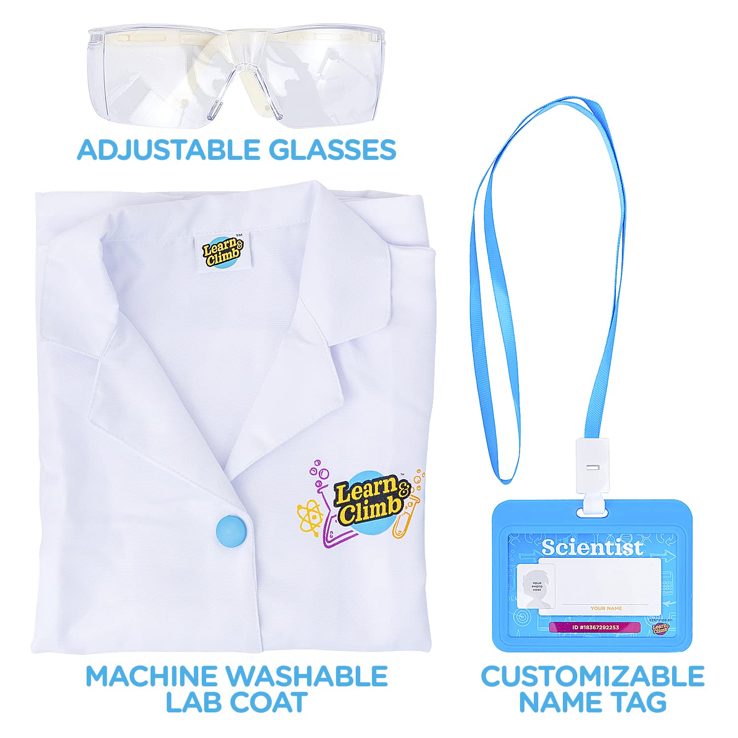 Learn & Climb Scientist Lab Coat for Kids Ages 3-7. Three Piece Set Children's Scientist Costume with Goggles & ID Card