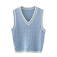 Womens V Neck Sweater Vest School Uniform Vest Striped Cable Knit Sleeveless Sweater Tops