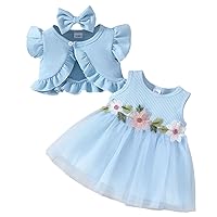 3Pcs Newborn Infant Girls Tulle Dress Ribbed Knit Sleeveless A-line Tutu Dress with Cardigan & Bow Knot