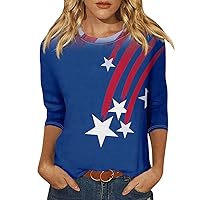 4th of July Shirts Summer Three Quarter Sleeve T Shirt for Womens Crewneck USA Printed Flag Day Tops