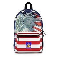 Backpack with a design of the Statue of Liberty and the colors of the United States flag.