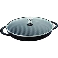 Staub Grill & Frying Pan 40508-302 Pure Grill, Steam & Grill, Black, 10.2 inches (26 cm), Grill Pan with Glass Lid, Both Hands, Cast Enamel, Induction Compatible, Authentic Japanese Product
