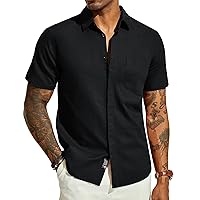 PJ PAUL JONES Men Cotton Linen Shirt Casual Short Sleeve Button Down Shirts Summer Beach Shirt Vacation Shirt with Pocket