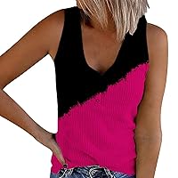 Womens V Neck Tank Tops Knitted Loose Sleeveless Button Color Block Cami Casual Tee Shirts