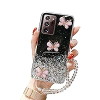 Shiny Butterfly Soft TPU Fashion Phone Case for Samsung Galaxy S22 Ultra S21 Plus S20 FE S10 S9, with Bracelet Back Cover(Black,S22 Ultra)