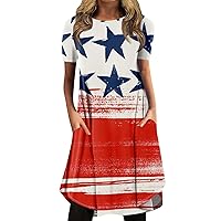 Women's 4Th of July Dresses Fashion Casual Printed Round Neck Pullover Loose Short Sleeve Dress Dress, S-3XL