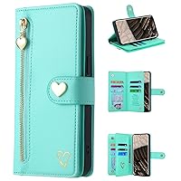 XYX Wallet Case for Samsung A42 5G, Gold Love Pattern PU Leather 9 Card Slots Flip Zipper Pocket Purse Cover with Wrist Lanyard for Galaxy A42 5G, Light Green