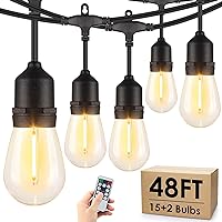 48FT Outdoor String Lights with Remote, Dimmable Patio Lights with 15+2 LED Waterproof Shatterproof Bulbs 3 Modes 4 Timers for Backyard, Black