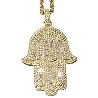 Hamsa Evil Eye Protector Men Women 925 Italy Gold Finish Iced Silver Charm Pendant Stainless Steel Real 3 mm Rope Chain, Mans Jewelry, Iced Pendant, Rope Necklace 16