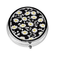 Round Pill Box Case for Purse Pocket, White Daisy Pill Box 3 Compartment Travel Portable Metal Medicine Tablet Multifunctional Pill Case Holder for Vitamins Fish Oil Organizer Unique Gift