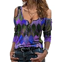 Andongnywell Women Cold Shoulder Tops Shirt Print Off-Shoulder Tshirt Sexy V Neck Zip Short Sleeve Tunic Blouse