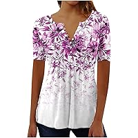 Short Sleeve T Shirts for Women V Neck Graphic T Shirts Button Pleated Boho Tops Elegant Vintage Floral Dressy Blouses