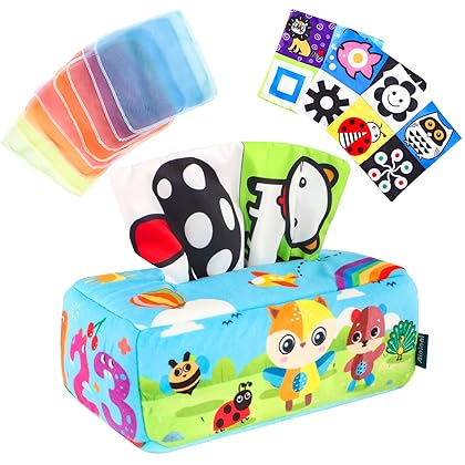 Montessori Toys for Babies 6-12 Months, Baby Tissue Box Toy Soft Stuffed Crinkle, Magic Tissue Box Play Scarves for Babies Sensory Tissue Toys for Infants, Newborns Early Development & Activity Toys