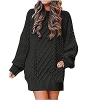 Ugly Sweater Dress for Women Chunky Sweater Pullover Dress Women Trendy Cable Jumper Dresses Solid Loose Long Sleeve Fall Winter Mini Dress Suéteres Navideños para Black