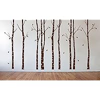Birch Tree Wall Decal Nursery Forest Vinyl Sticker Removable Animals Branches Art Stencil Leaves (9 Trees) #1263 (Matte Brown, 108