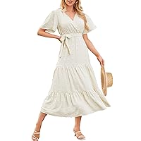 Summer Flowy Womens Dresses Boho Long Dress V Neck Short Sleeve Swiss Dot Dresses A Line Smocked Maxi Dresses for Women 2024