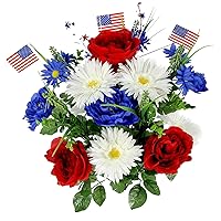 18 Stems Artificial Blooming Peony, Gerbera Daisy with Small American Flags, Fillers Mixed Flowers Bush for Memorial Day, Red/Blue/White