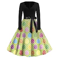Long Dresses for Women Easter Prints Pleated Cute Rockabilly Formal Long Sleeve Spring Party Swing Dress for Vacation Daily