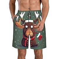Funny Christmas Moose Head Print Men's Beach Shorts Hawaiian Summer Holiday Casual Shorts with Drawstring, Quick Dry