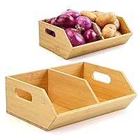 2 Set Bamboo Storage Bins, Pantry Organizers and Storage, Kitchen Countertop Organization and Storage Basket for Produce, Onions, Potatoes, Garlic, Fruits, Vegetable and Bread