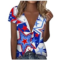 Women American Flag Star Stripes T-Shirt Cowl Neck Batwing Sleeve Zippers Vintage Graphic T-Shirt Striped Print