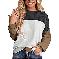 Womens Fashion Color Block Stretchy Tops Long Sleeve Crewneck Ribbed Pullover 2023 Fall Casual Loose Fit Shirts