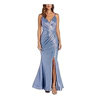 Womens Light Blue Zippered Pleated Slit Front Lined Sleeveless V Neck Full-Length Evening Gown Dress Petites 14P