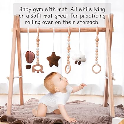 Razee Wooden Baby Play Gym Play Mat, Baby Gym with 6 Hanging Sensory Toys Foldable Baby Gym