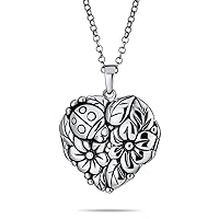 Personalized Engrave Vintage Style Carved Garden Lady Bug Floral Flower Rose Photo Heart Shape Lockets Necklace Pendant For Women That Hold Pictures Oxidized .925 Sterling Silver Customizable
