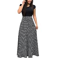 Women's Floral Print Maxi Dress Polka dot Striped Color Block Short Sleeve high Waisted Casual Loose Tunic Long Dress