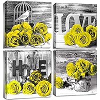 Yellow Wall Art Yellow Rose Flower Wall Decor for Bathroom Kitchen Accessories Yellow and Gary Floral Canvas Prints Pictures Still Life Love Sign Wooden Texture Artwork Home Decorations 16x16” 4Pcs
