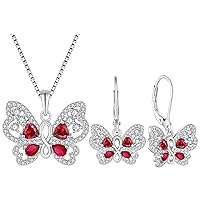 Butterfly Pendant Necklace and Earrings for Women 925 Sterling Silver Created Ruby Birthstone Jewelry Set