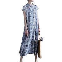 Short Sleeve Cotton Linen Cheongsam Blue Qipao Loose Style One Size