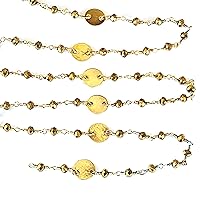 Dark Brown Pyrite Faceted Rondelle Gemstone Beaded Coin/Disc Rosary Chain by Foot For Jewelry Making - 24K Gold Plated Over Silver Handmade Beaded Chain Connectors - Wire Wrapped Bead Chain Necklaces