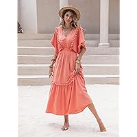 Women's Dress Dresses for Women Tassel Trim Batwing Sleeve Shirred Waist Ruffle Hem Dress (Color : Watermelon Pink, Size : Small)