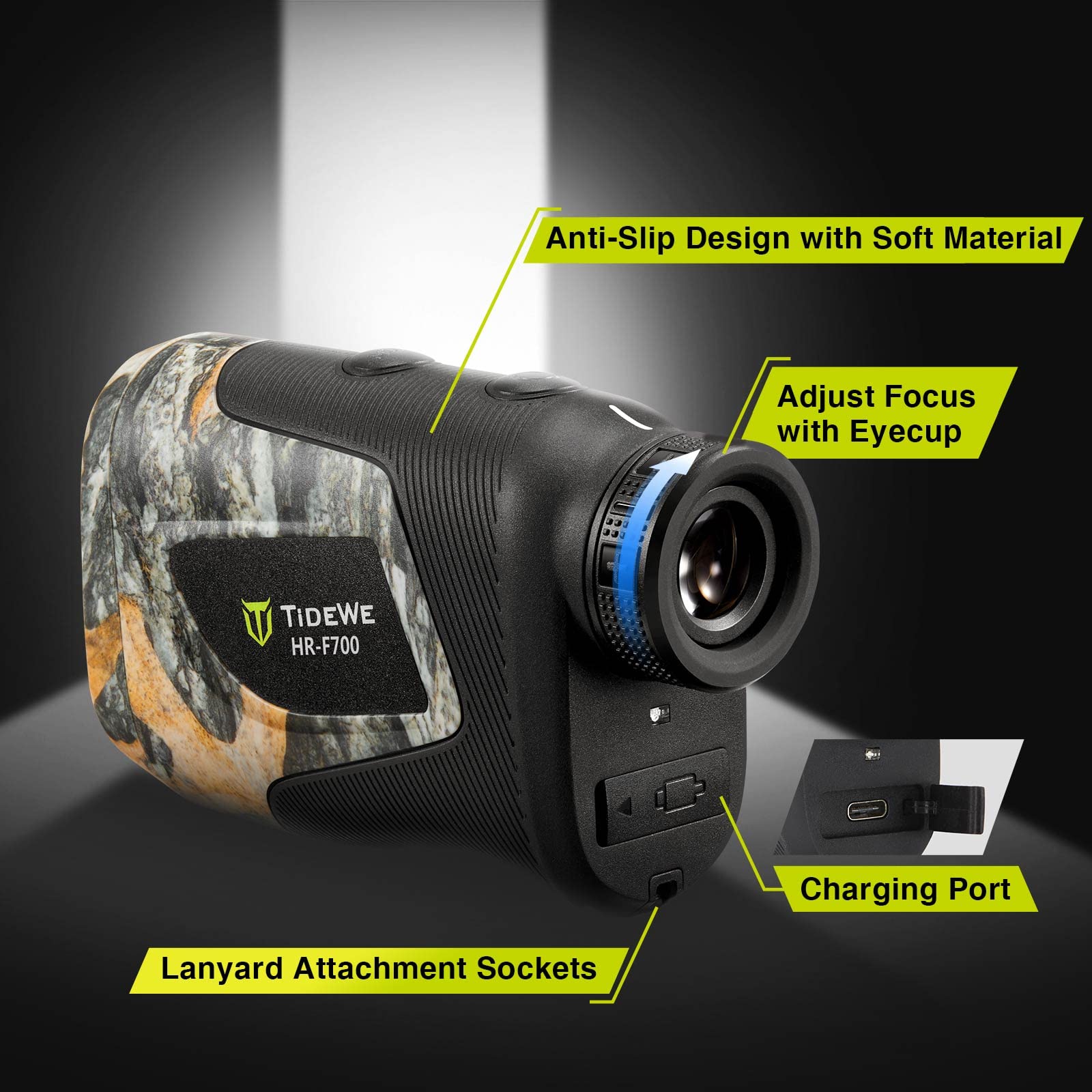 TIDEWE Hunting Rangefinder with Rechargeable Battery, 700/1000Y Camo Laser Range Finder 6X Magnification, Distance/Angle/Speed/Scan Multi Functional Waterproof Rangefinder with Case