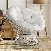 Bme Ergonomic Wicker Papasan Chair with Soft Thick Density Fabric Cushion, High Capacity Steel Frame, 360 Degree Swivel for Living, Bedroom, Reading Room, Lounge, Arctic Snow - White Base