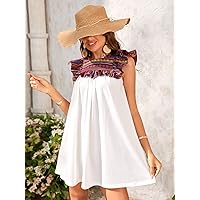 Summer Dresses for Women 2022 1pc Geo Print Ruffle Trim Tunic Dress Dresses for Women (Color : White, Size : X-Small)