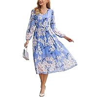 GRACE KARIN Womens 2023 Boho Floral Maxi Dress V Neck Long Sleeve Casual Ruffle Smocked A-line Pleated Flowy Beach Dress