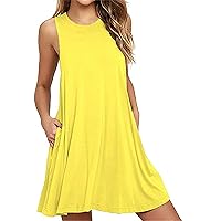 YMING Womens Sleeveless Pocket Tank Dress Solid Color Loose T-Shirt Dresses Summer Casual Mini Dress