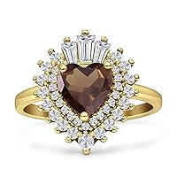 Art Deco Heart Natural Chocolate Smoky Quartz Halo Baguette & Round Bridal Cocktail Wedding Engagement Promise Ring Solid 925 Sterling Silver