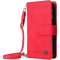Wallet Case for iPhone 13 Pro Max, Premium Leather Case with 9 Card Slots Kickstand Magnetic Flip Phone Cover with Neck Strap Crossbody Chain for iPhone 13 Pro Max (Color : Red)