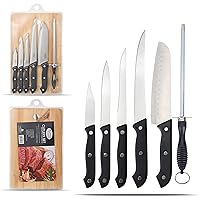Alpine Cuisine Stainless Steel Cutlery Set 7 Piece with Wood Cutting Board - Kitchen Chef Knife Set, Santoku Knife, Carving Knife, Boning Knife, Utility Knife, Paring Knife, Sharpener, Dishwasher Safe
