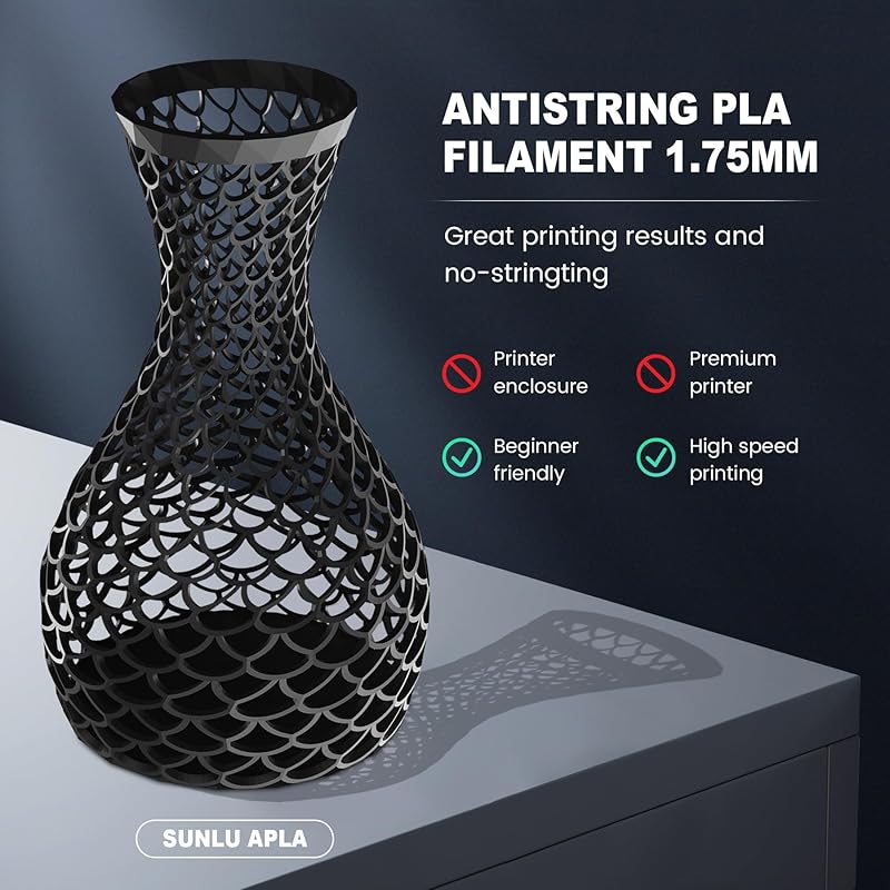  SUNLU AntiString PLA Filament 1.75mm APLA 3D Printer Filament  1.75mm, 1kg Spool (2.2lbs), Dimensional Accuracy +/- 0.02mm, Neatly Wound 3D  Printing Filament Fit Most FDM 3D Printers, 1000g, APLA Black 