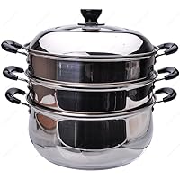 M.V. Trading S7330A Stainless Steel 3-Tier Steamer, Clad Base and Induction Ready With Lid High Dome Cover, 30cm, (12-Inches)